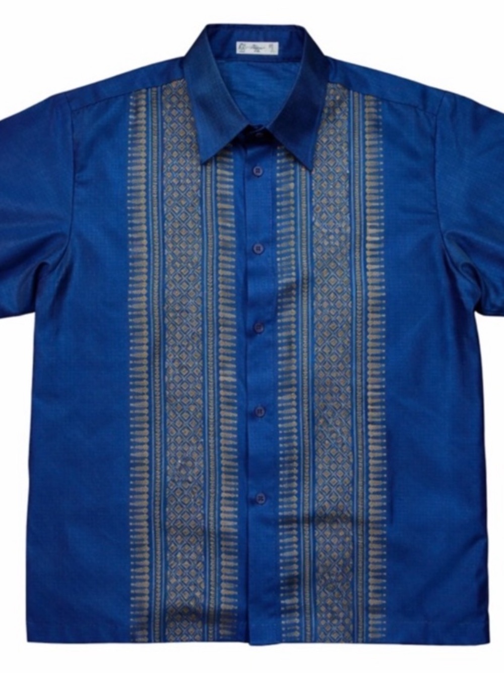 Thai Silk Mens Large Blue Embroidered Button Up Shirt Luxury Casual Resort